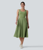Robe de sport danse mi-longue Breezeful™ col carré dos nu croisé avec brassière intégrée 2-en-1 séchage rapide et poche - Easy Peasy