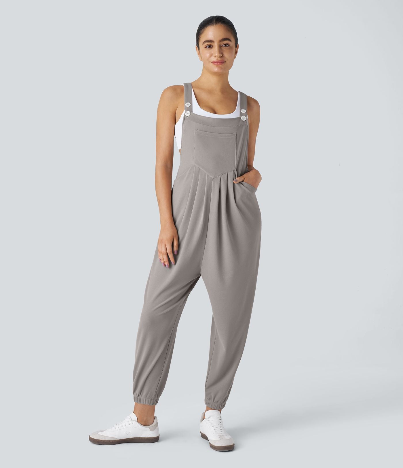 Salopette Casual Bretelles Ajustables Boutonnés Multiples Poches Plis et Tissu Gaufré