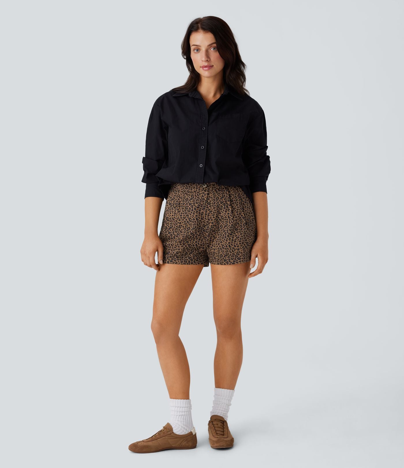Short en coton décontracté taille haute, poches latérales et imprimé léopard