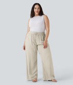 Pantalon décontracté grande taille large fluide taille haute effet lin avec cordon de serrage et poches