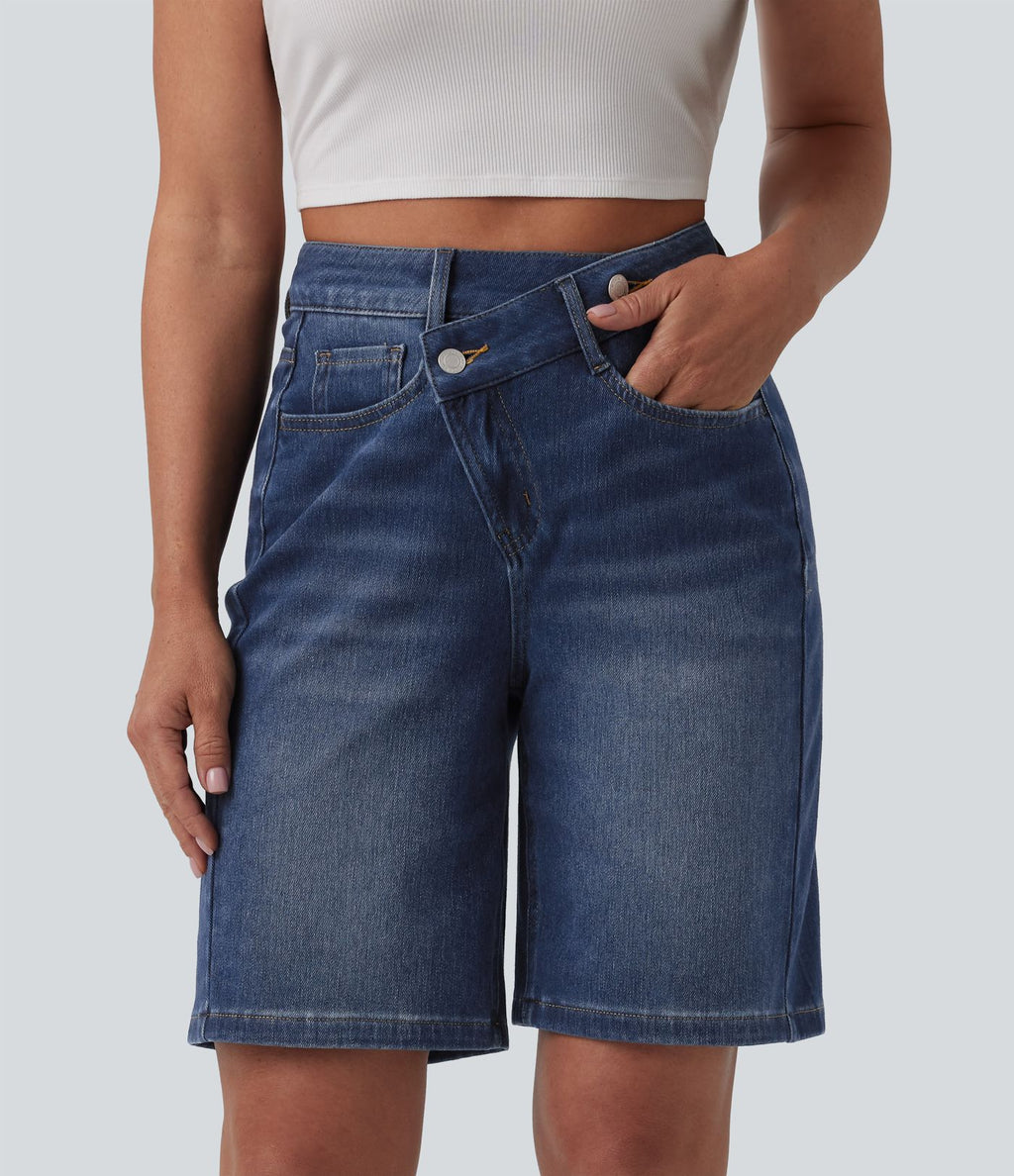 Short denim décontracté Halara Flex™ asymétrique délavé taille haute 23 cm avec poches