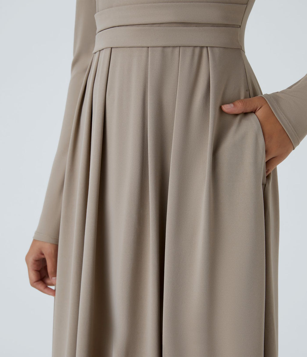 Robe longue décontractée à col montant, manches longues, plissée, avec poches latérales et coupe évasée
