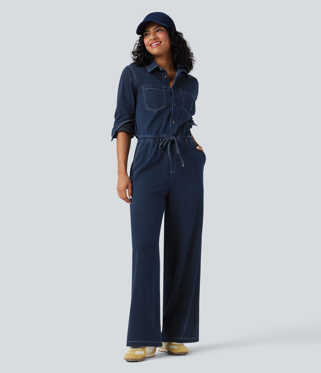 Combinaison denim délavé Halara Flex™ jambes larges manches longues avec cordon de serrage et poches - Édition Easy Peasy