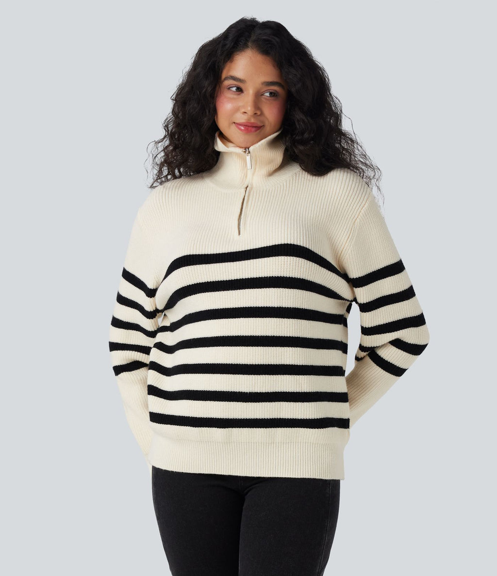 Pull décontracté color block rayé col revers demi-fermeture éclair