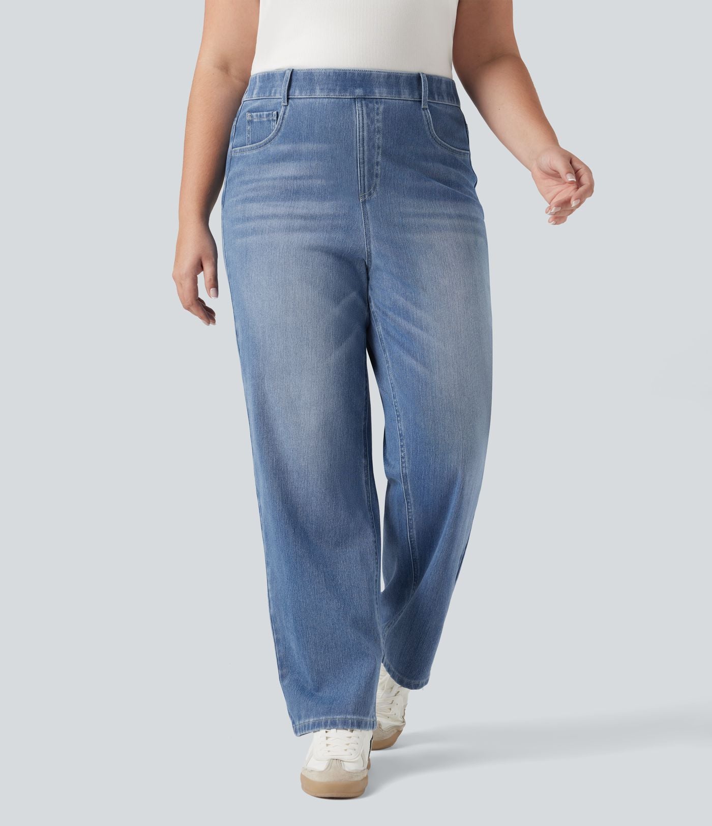 Jean droit décontracté délavé gainant taille haute grande taille avec poches Halara Flex™