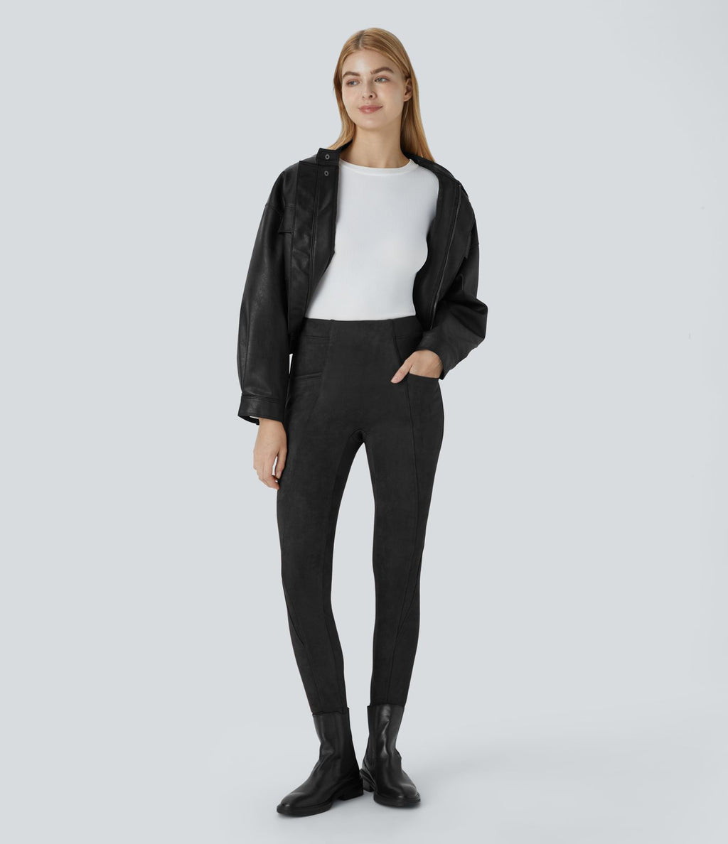 Legging décontracté en suédine taille haute, gainant, avec poches latérales