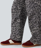 Pantalon casual taille haute cordon jambe droite imprimé léopard avec poches