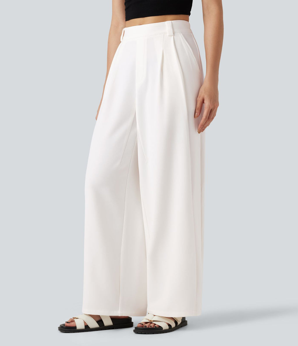 Pantalon tailleur large, taille moyenne, à poches