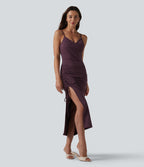 Robe midi moulante à col en V rembourrage non amovible et fronces à cordon