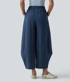 Pantalon décontracté effet lin jambes ballon taille haute avec cordon de serrage et poches