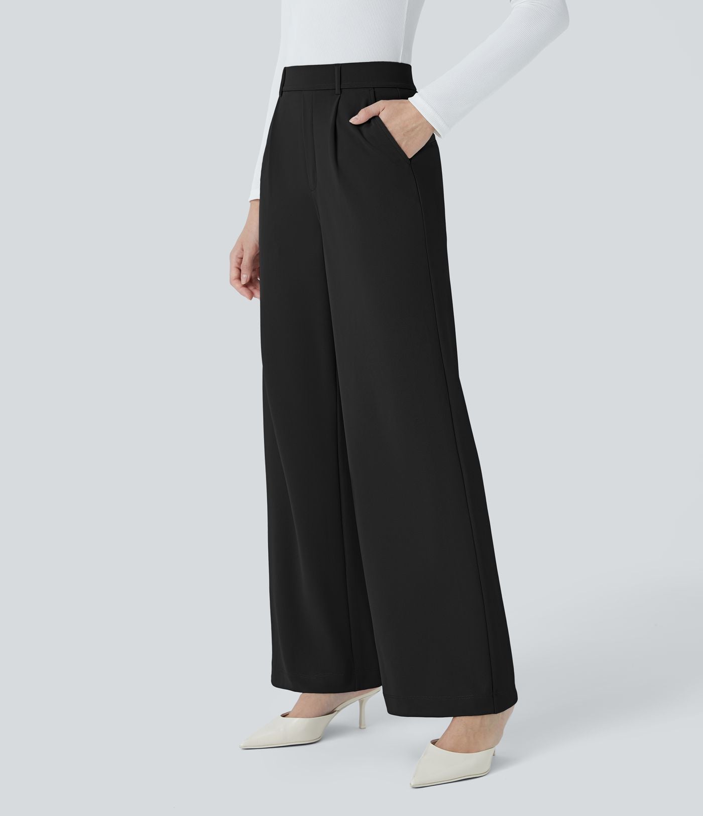Halara Flex™ Pantalon Tailleur Droit à Taille Haute avec Pli Poches Latérales en Crêpe