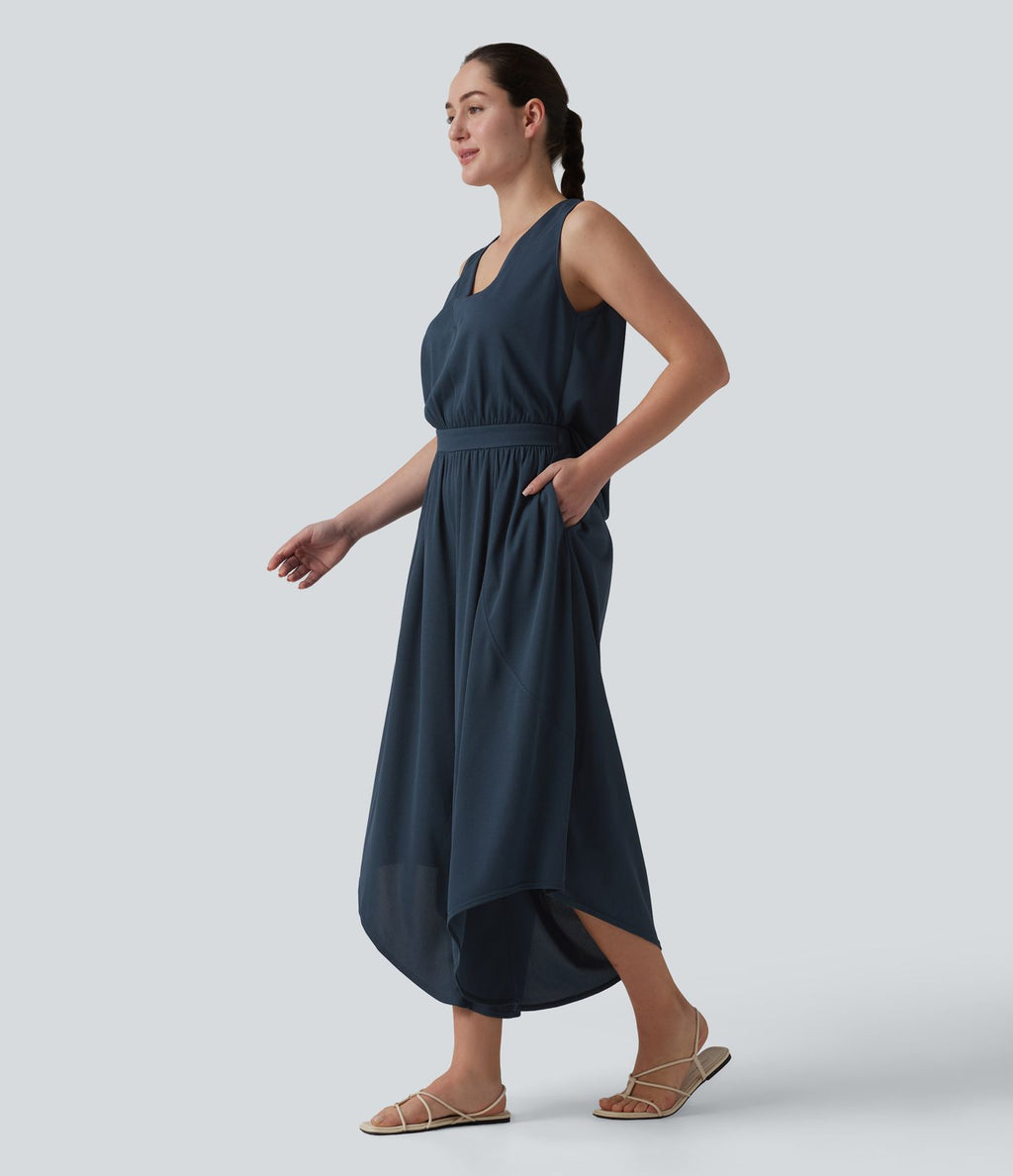 Combinaison décontractée fluide en tissu gaufré col V avec poches, Édition Easy Peasy