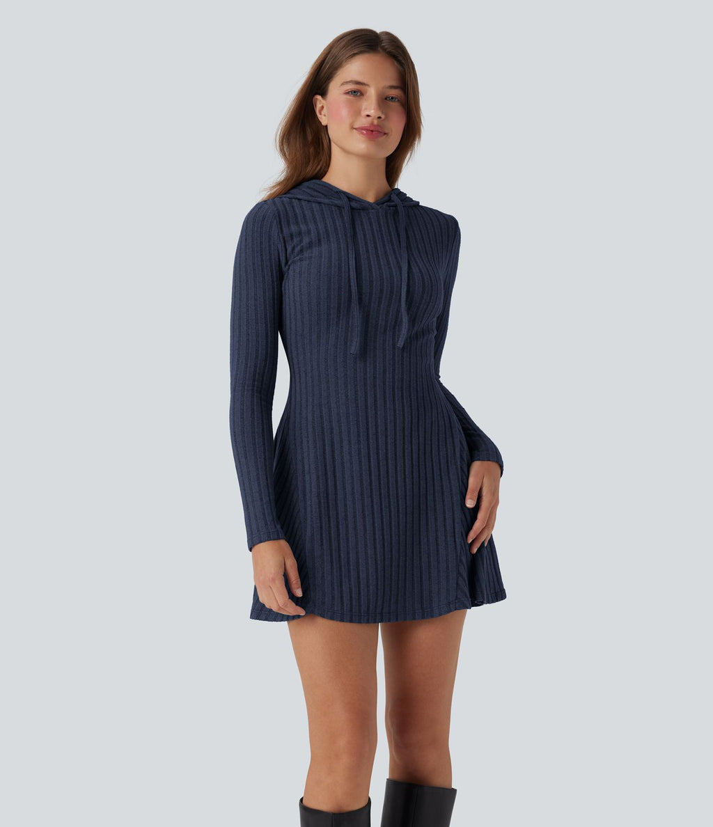 Robe décontractée mini à capuche maille côtelée manches longues avec cordon de serrage