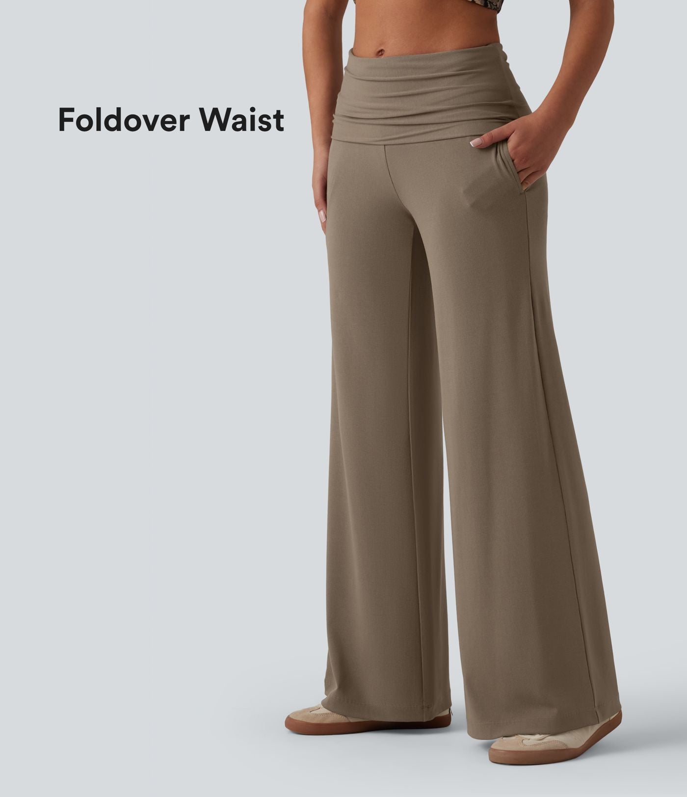 Pantalon ample décontracté en maille côtelée taille très haute rabattable avec poches