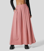 Jupe Casual Maxi Évasée à Taille Haute avec Plis et Poches Latérales Effet Lin