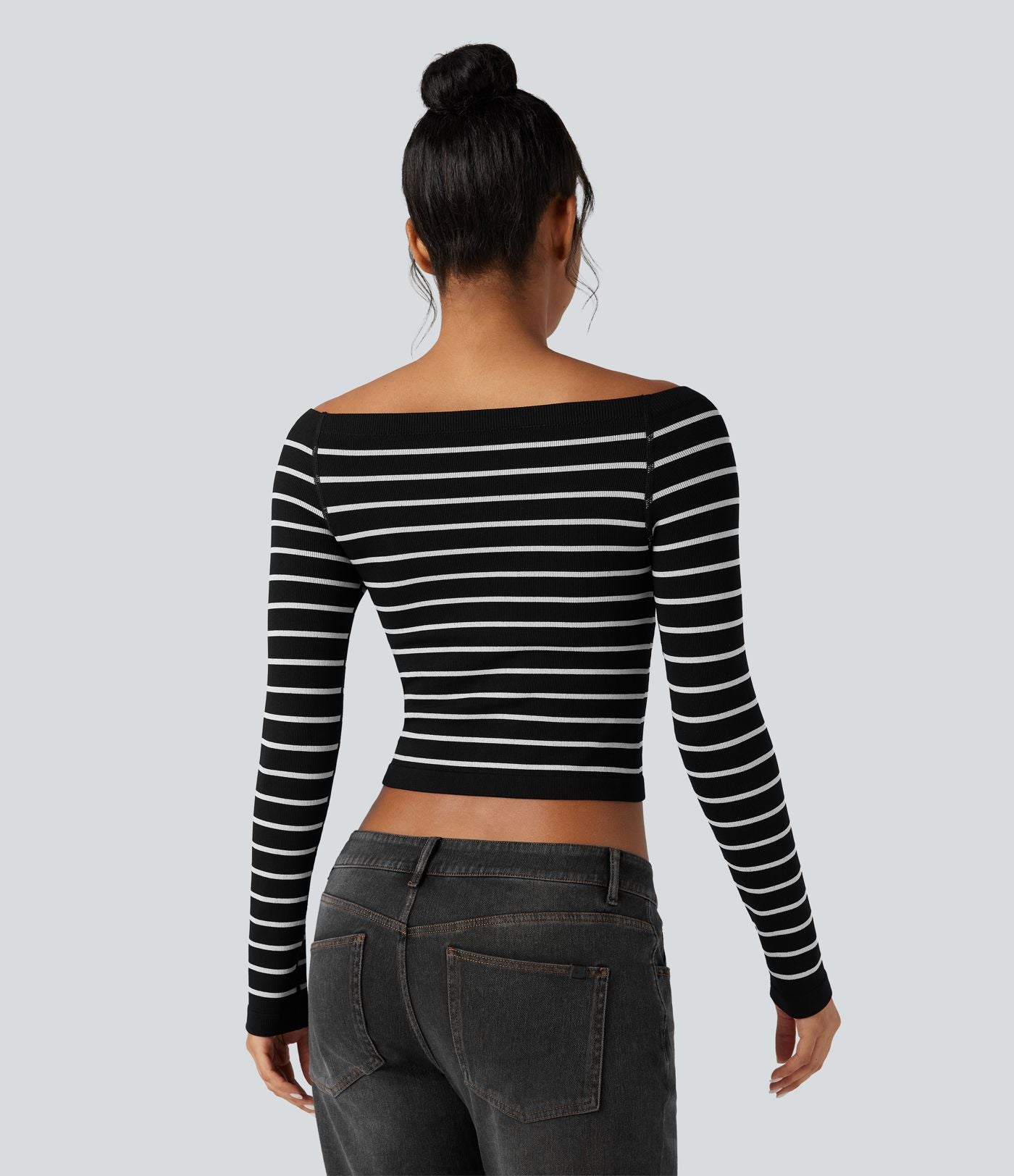 Haut de sport épaules dénudées manches raglan longues à rayures sans couture OneForm Seamless Flow
