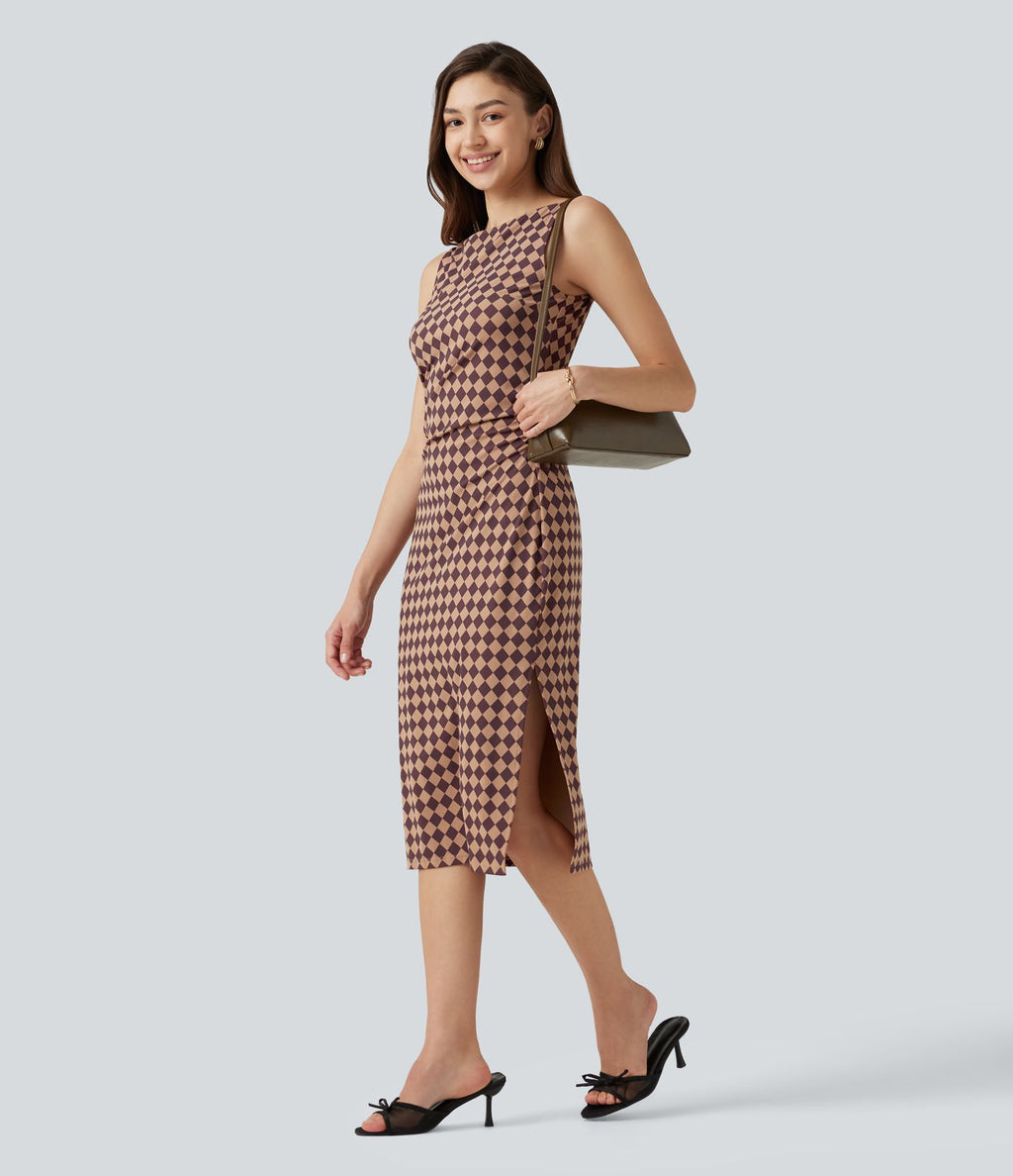 Robe midi moulante Halara UltraSculpt™ motif tartan, encolure bateau et sans manches