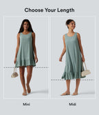 Robe midi sans manches à encolure arrondie avec coussinets amovibles et ourlet à volants