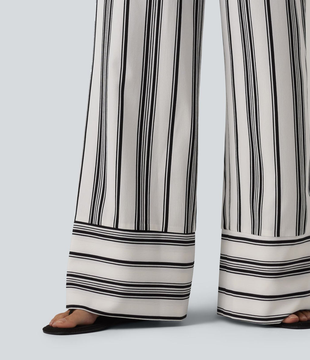 Pantalon large taille haute à rayures avec ceinture et poches