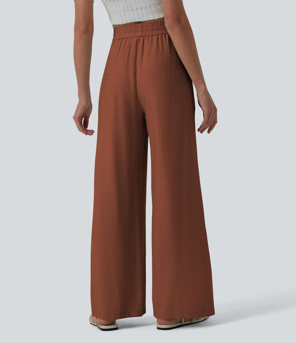 Pantalon casual large mélange lin taille haute avec cordon de serrage et poches