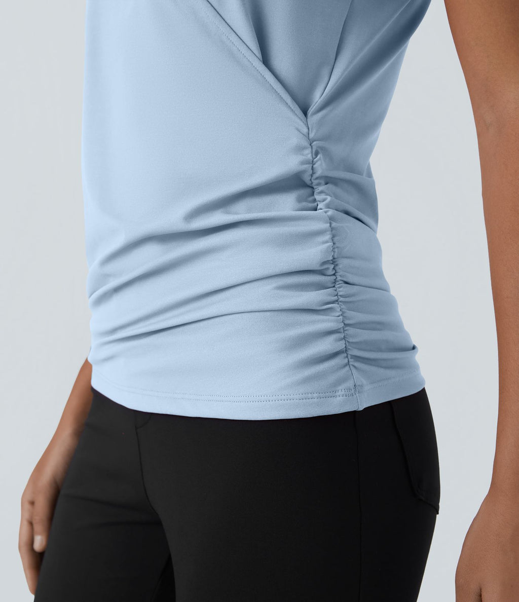 Blouse Travail Unie Froncée Croisée Manches Courtes Col en V