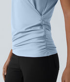 Blouse Travail Unie Froncée Croisée Manches Courtes Col en V