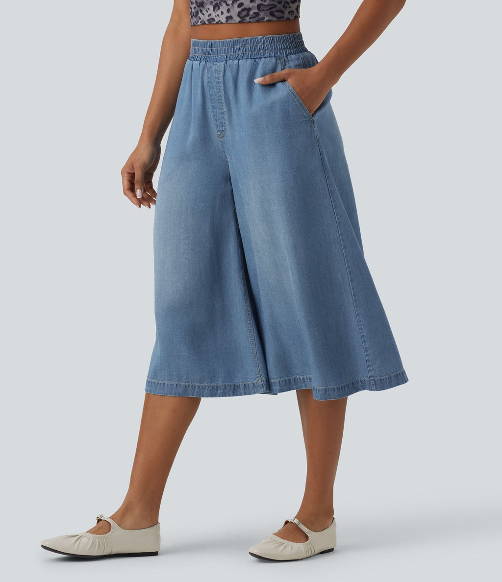 Jean large casual capri taille haute en lyocell avec poches