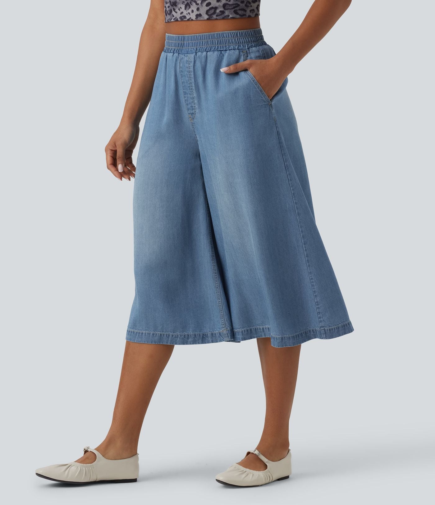 Jean large casual capri taille haute en lyocell avec poches