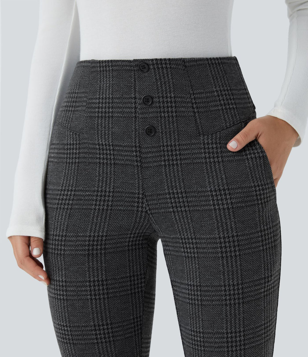 Halara Flex™ Pantalon tailleur Cintrés à Taille Haute avec Boutons Décoratifs Poches Latérales et Imprimé Pied-de-Poule