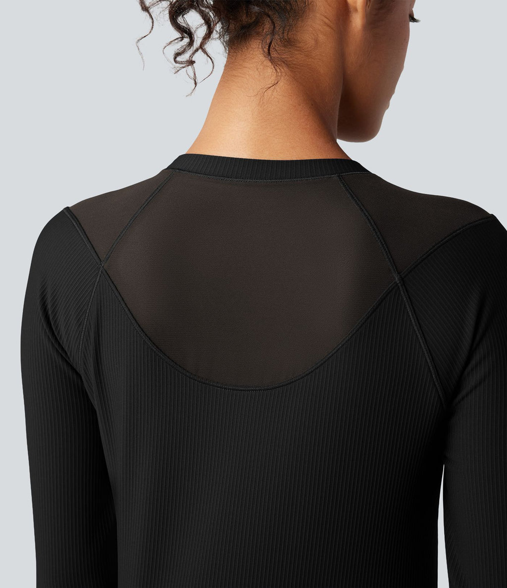 Top de sport yoga col rond manches raglan longues mesh contrastant