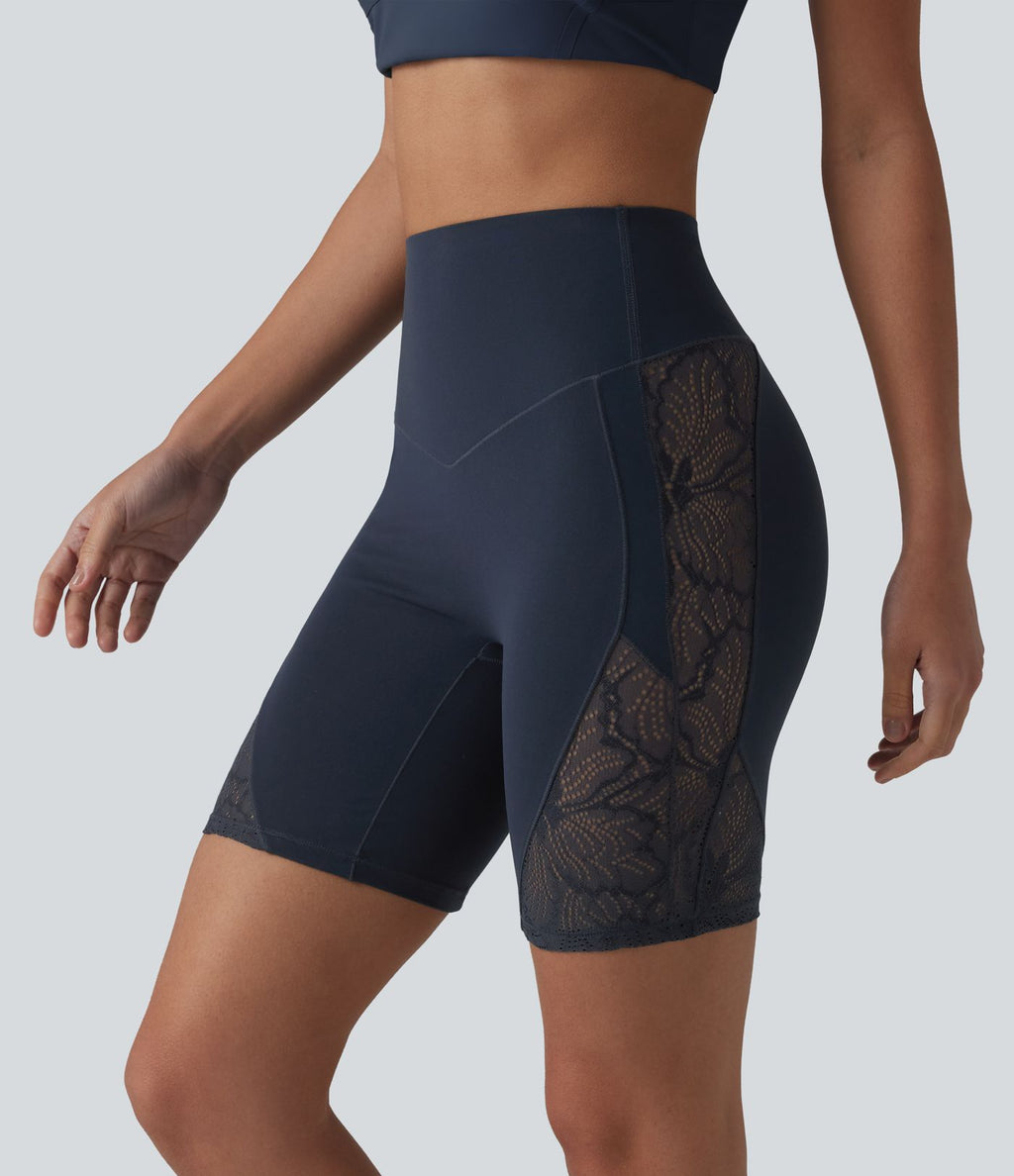 Short cycliste de yoga Halara UltraSculpt™ taille haute ventre plat en dentelle contrastée, 17,5 cm, avec poche