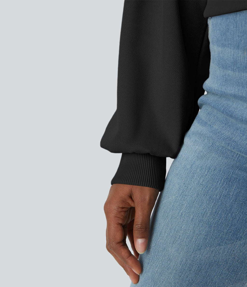 Sweat-shirt décontracté ample à col rond, épaules tombantes et manches évasées plissées