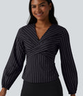 Blouse de travail rayée à col V, manches longues et dos noué