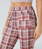 Pantalon Casual à Carreaux Évasé et Taille Haute avec Poches