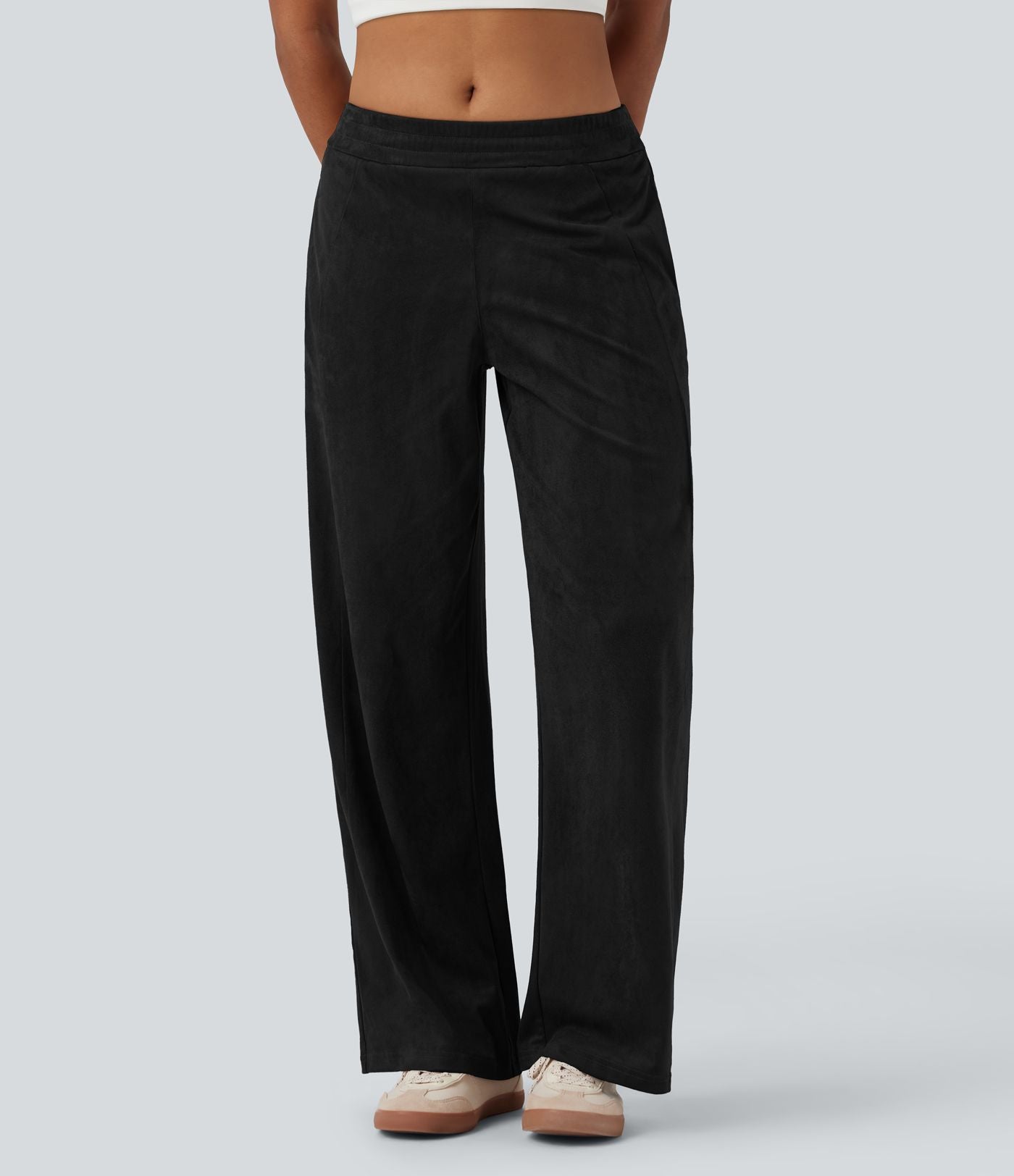 Pantalon ample décontracté suédine taille mi-haute avec poches