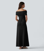Robe casual maxi froncée à épaules dénudées avec lien noué dans le dos