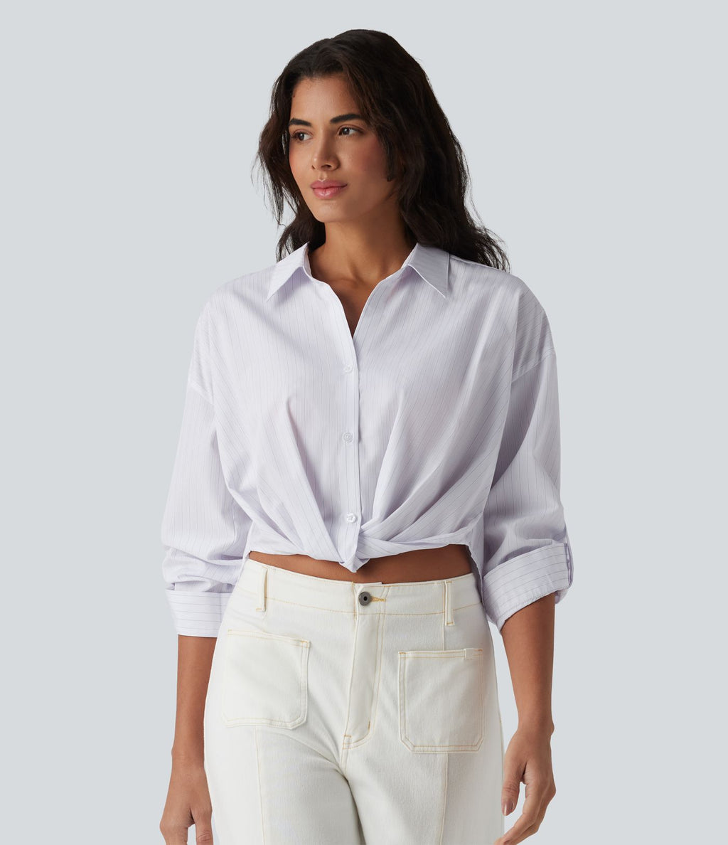 Chemise casual col manches retroussées torsadée asymétrique à rayures