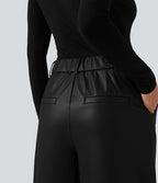 Pantalon large en tissu enduit molleton taille haute avec poches