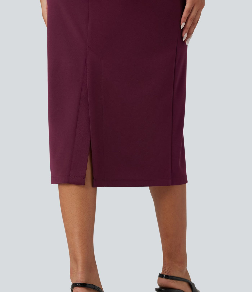 Robe mi-longue moulante fendue col carré sans manches