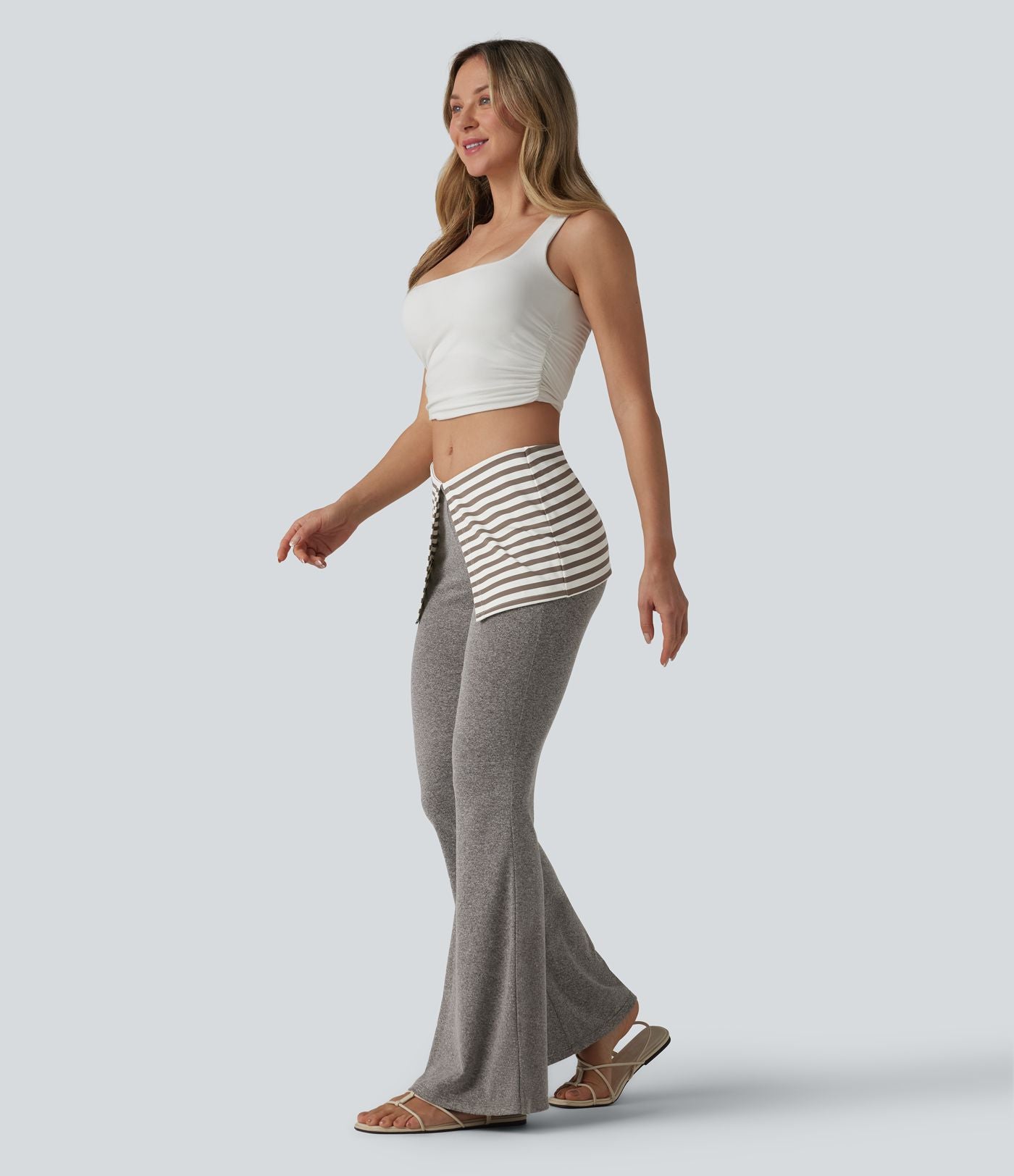 Pantalon évasé taille basse rabattable à rayures chiné