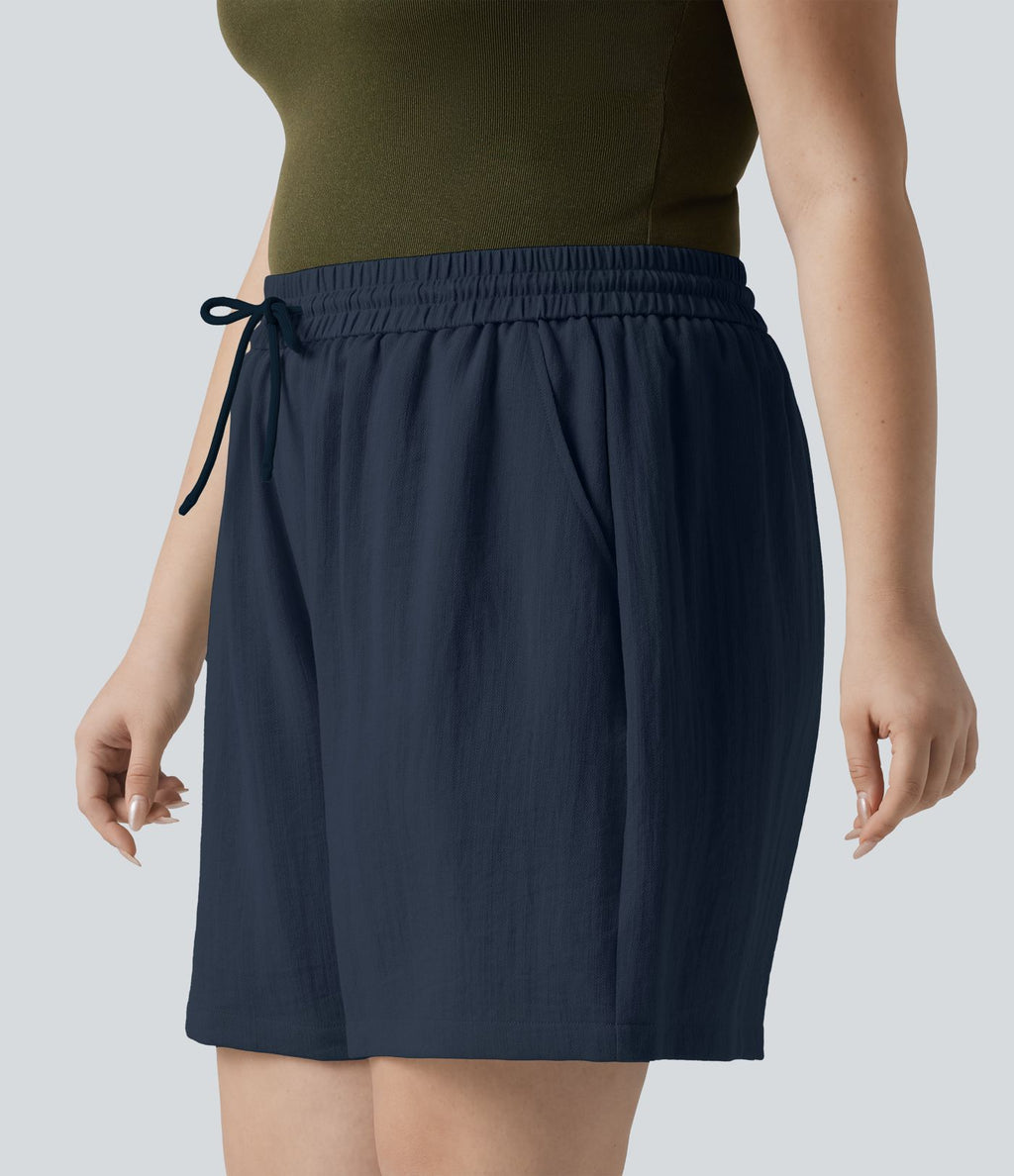 Short casual aspect lin grande taille taille haute avec cordon de serrage et poches