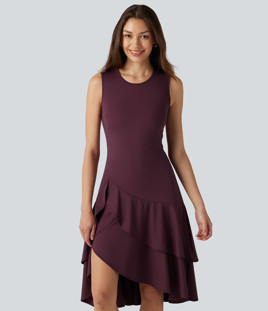 Robe midi décontractée SoftlyZero™ Airy col rond, sans manches, ourlet à volants étagés, à effet frais InstantCool