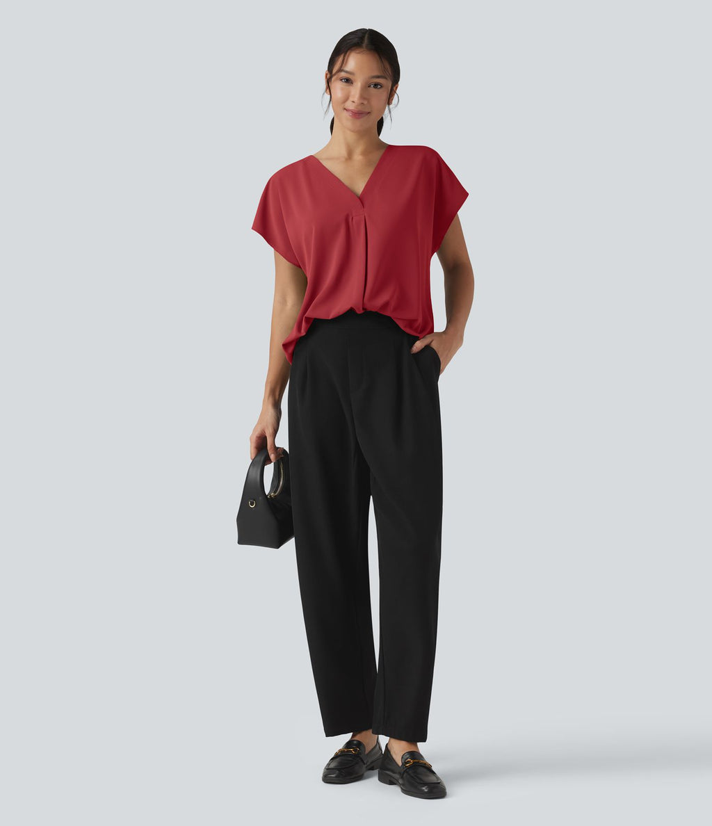 Blouse esprit bureau oversize défroissage facile, col V et manches courtes