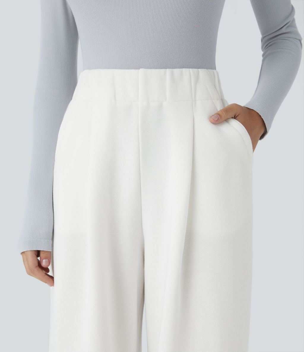 Pantalon Jogging Thermique Taille Haut Jambes Larges Poche Latérale Plissée en Fleece