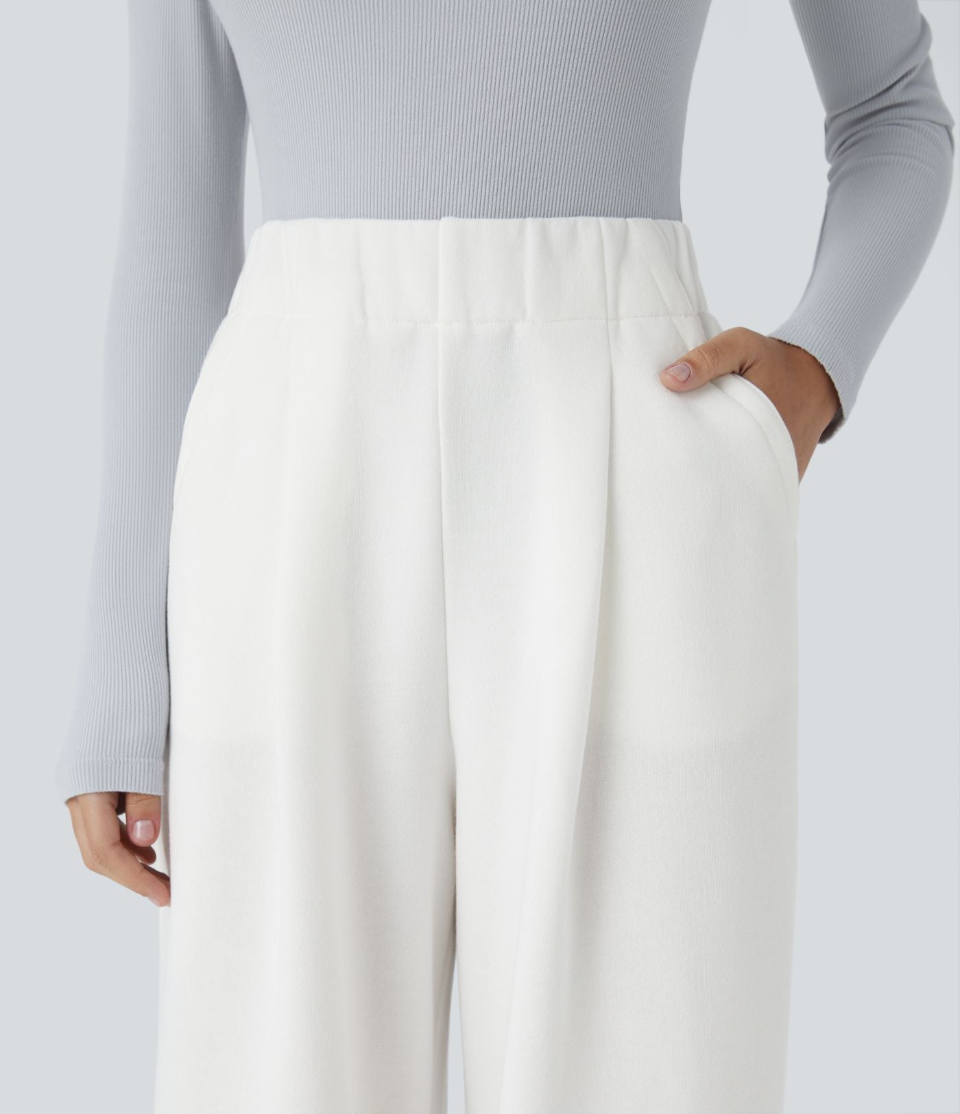 Pantalon Jogging Thermique Taille Haut Jambes Larges Poche Latérale Plissée en Fleece