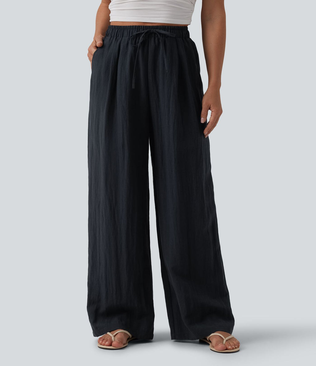 Pantalon casual ample lin taille haute à cordon de serrage avec poches
