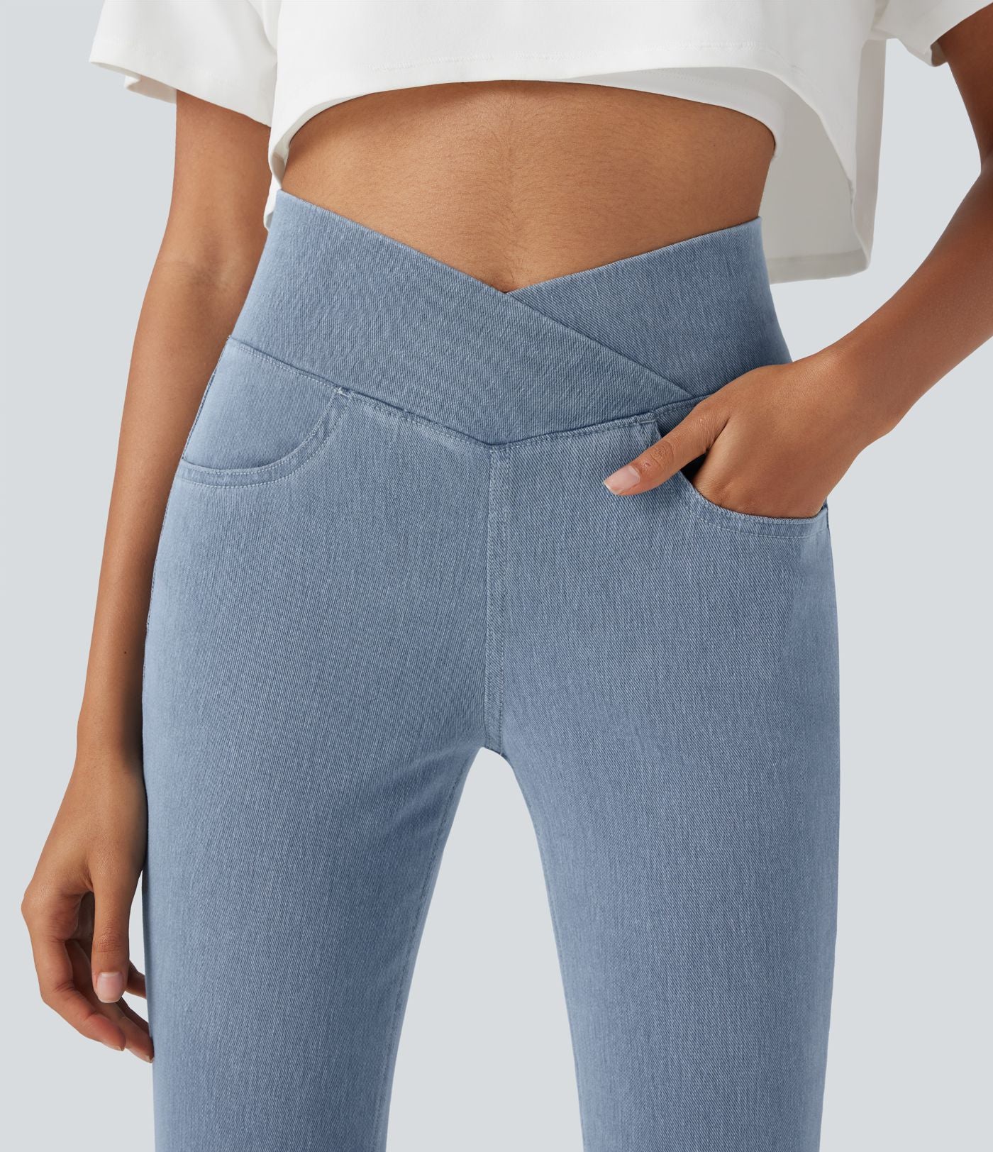 Legging capri décontracté Halara Flex™ croisé taille haute en maille denim extensible avec poches
