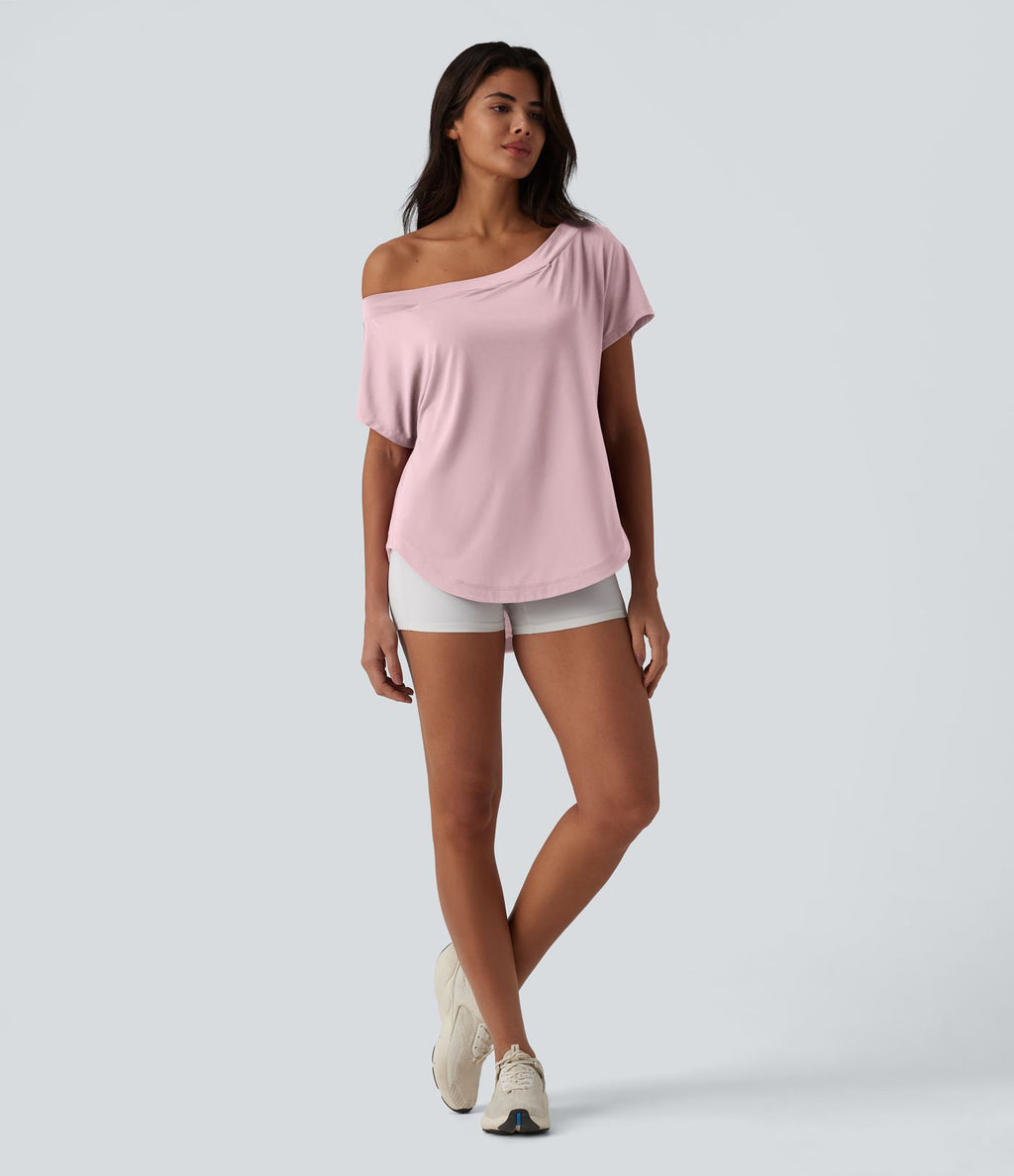 Top de sport yoga asymétrique à épaule dénudée manches courtes ourlet arrondi et coupe asymétrique à séchage rapide – Soutien-gorge intégré