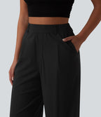 Pantalon taille haute casual en lin stretch coupe droite avec poches
