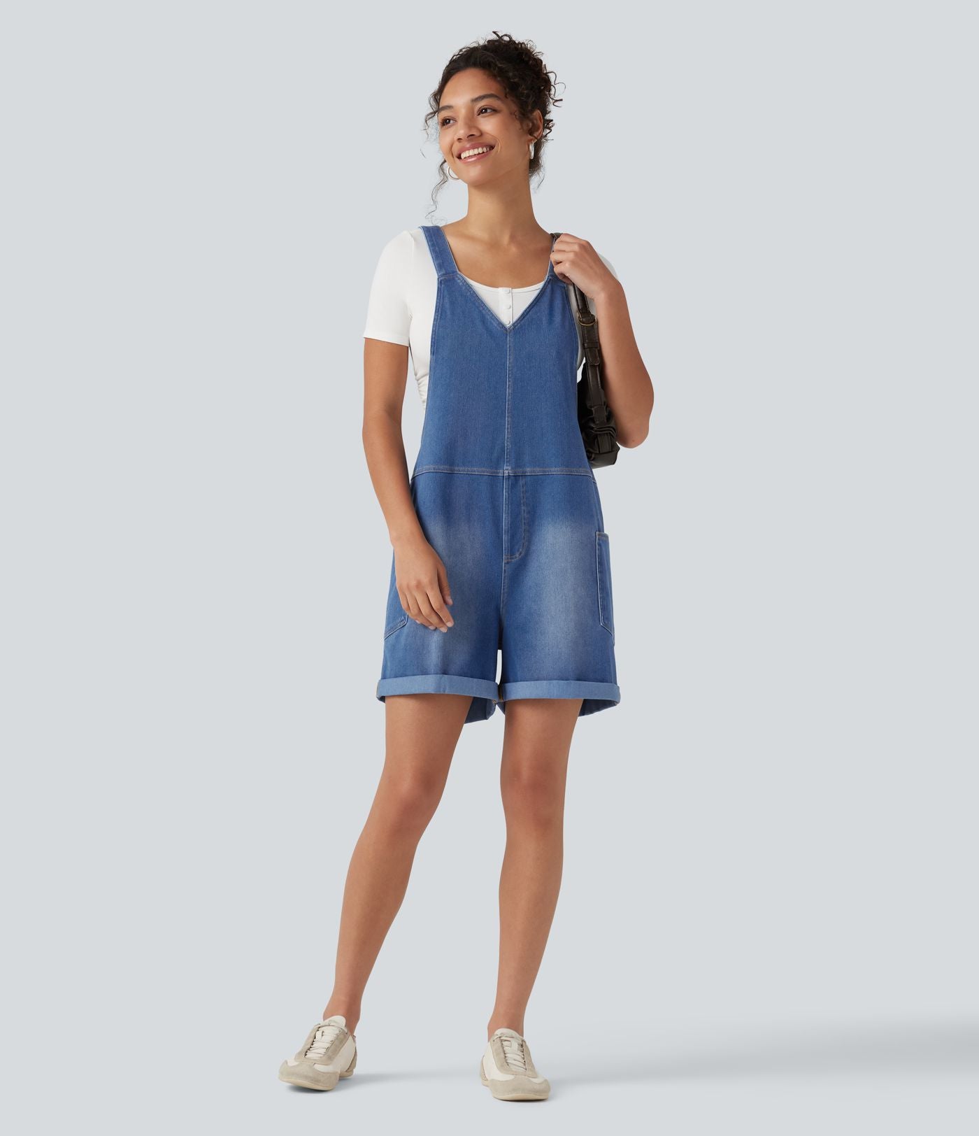 Salopette en jean Halara Flex™ col V délavée décontractée à ourlet roulotté avec poches